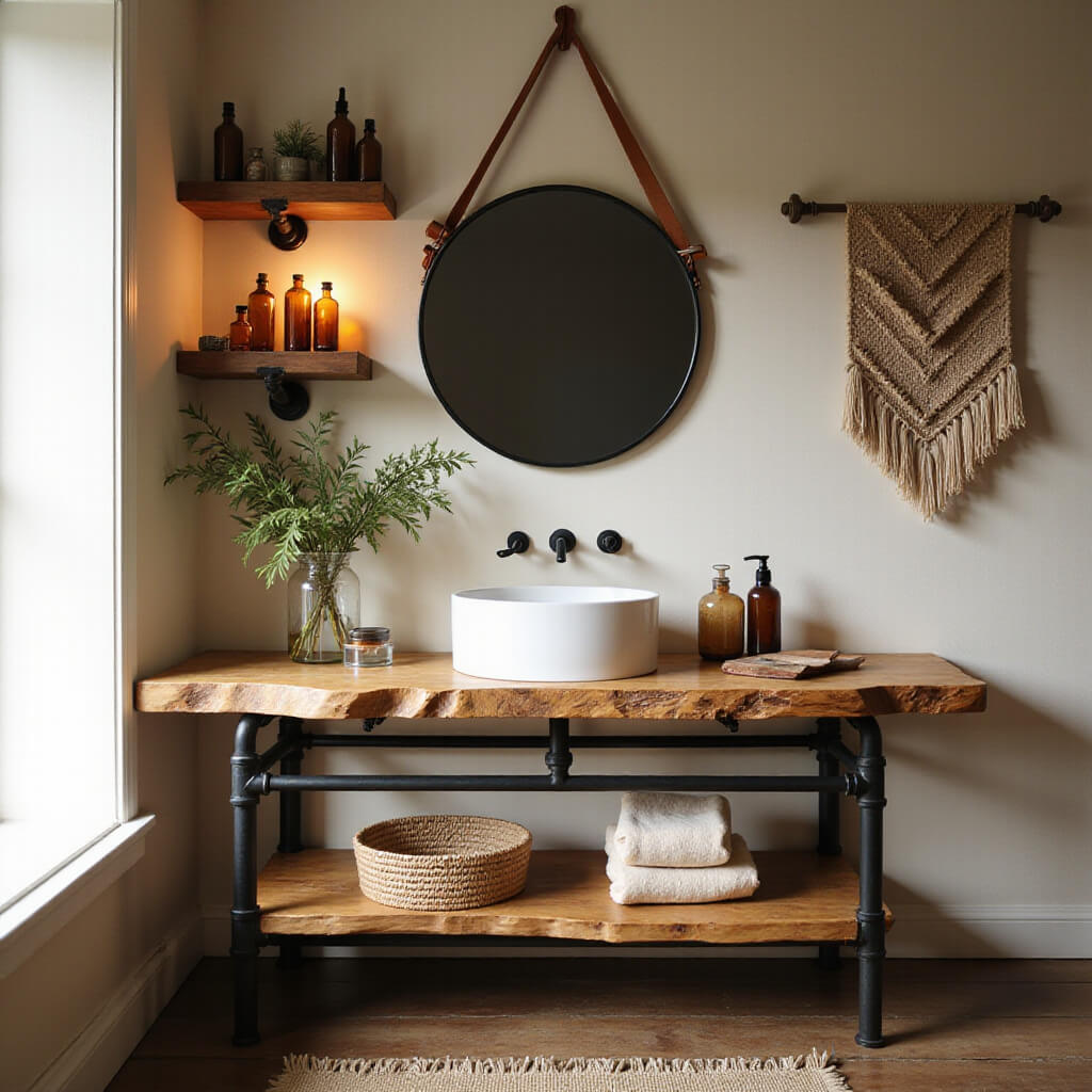 Modern rustic vanity with live-edge wood, black steel frame, white vessel sink, asymmetrical round mirror with leather strap, industrial shelves with amber glass botanicals, and neutral woven wall hanging in warm light.