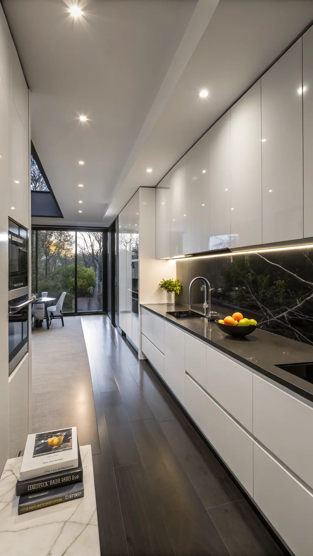 Minimalist galley kitchen with black quartz waterfall island, white lacquer cabinets, chrome fixtures, and ambient LED lighting.
