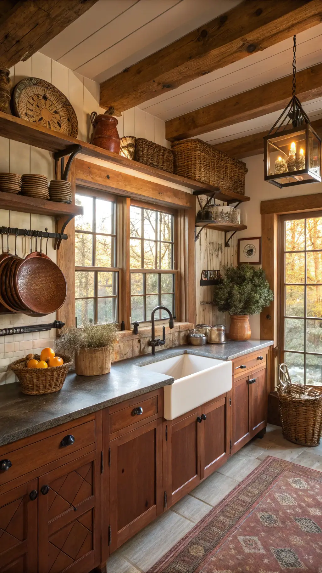 Rustic farmhouse kitchen showcasing cherry wood cabinets, soapstone countertops, and exposed wooden beams illuminated by golden hour sunlight.