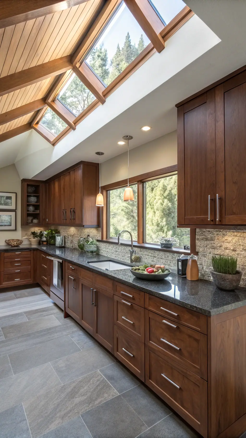 Modern kitchen with vaulted ceiling, cherry wood cabinetry, charcoal quartz countertops, and earth-tone mosaic backsplash accented by bamboo decor and succulents.