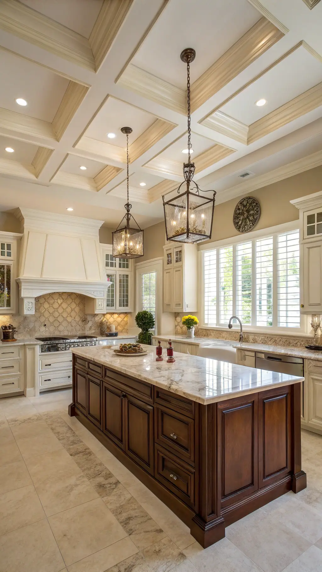 Transitional kitchen with cherry wood base cabinets, cream upper cabinets, Calacatta marble countertops, and elegant pendant lighting.