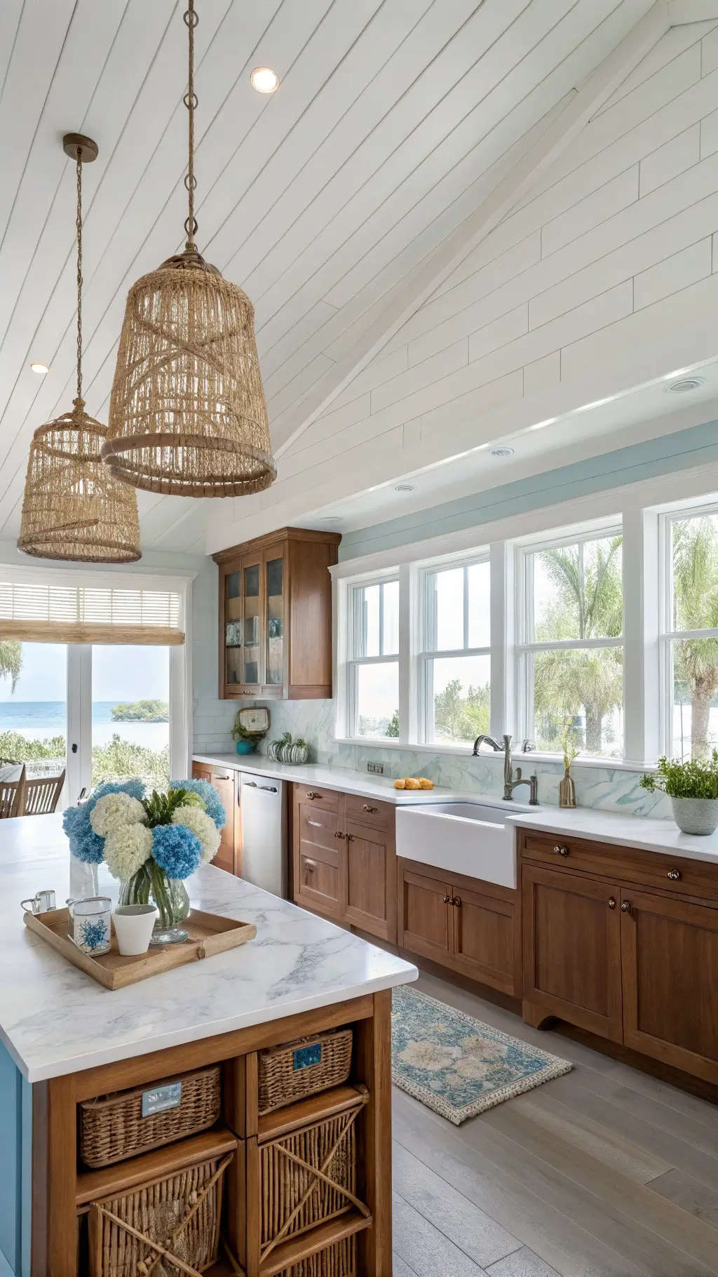 Coastal kitchen featuring cherry wood cabinets, glass-front upper cabinets, sea glass backsplash, rattan pendant lights, and ocean-facing windows.
