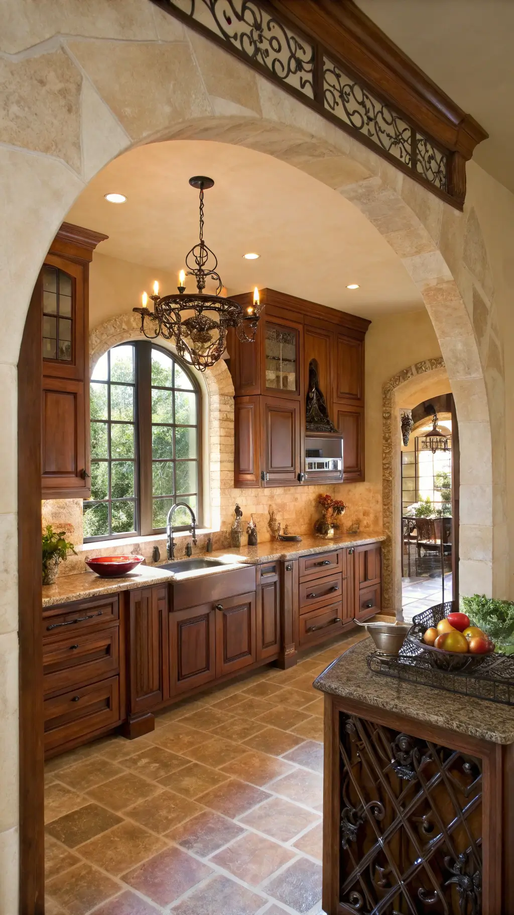 Mediterranean-style kitchen with cherry wood cabinets, arched doorways, limestone countertops, hand-painted tile backsplash, and warm terracotta lighting.