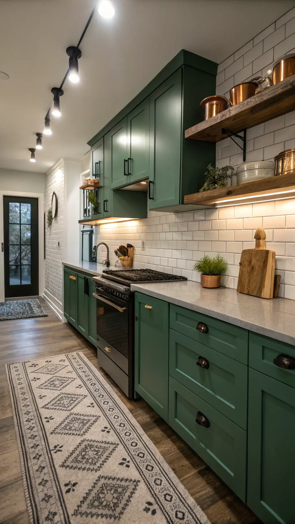 Twilight view of a cozy galley kitchen with emerald green cabinets, butcher block countertops, white subway tile backsplash, and copper cookware on open shelves.