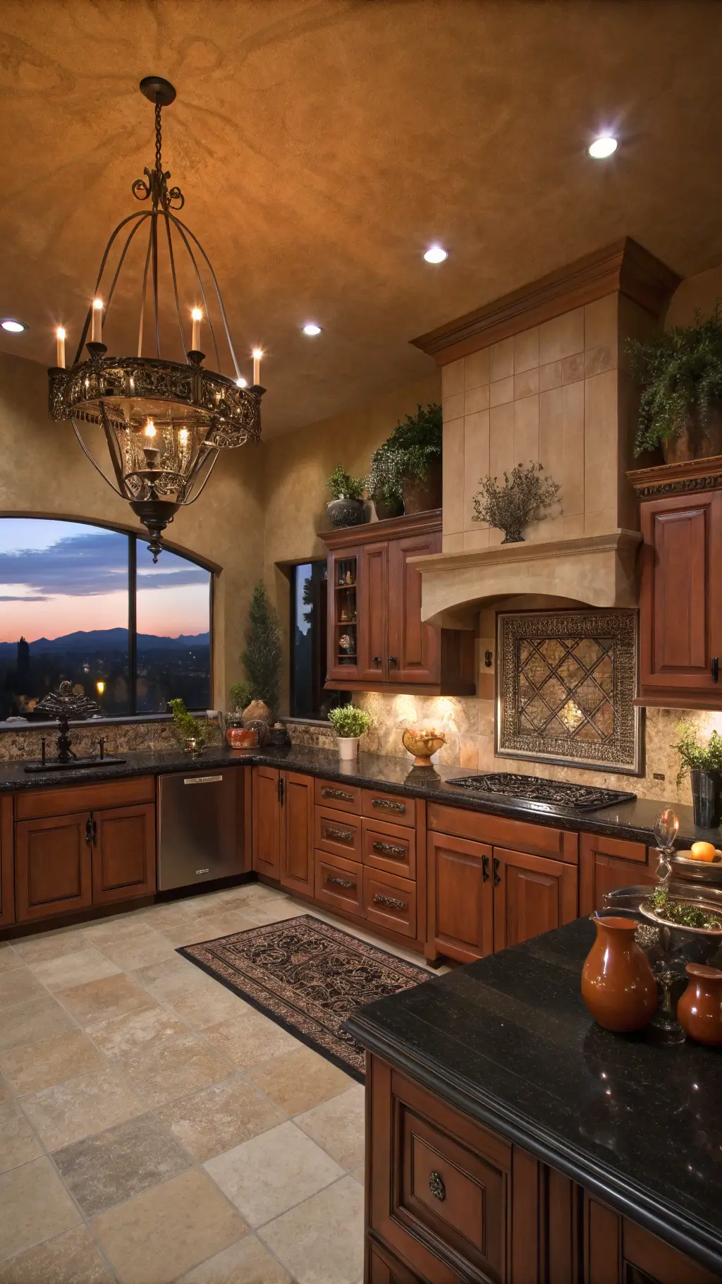 Luxurious kitchen at dusk with terracotta cabinets, black granite countertops, brass chandelier, and antique mirror backsplash, styled with copper cookware and trailing plants.