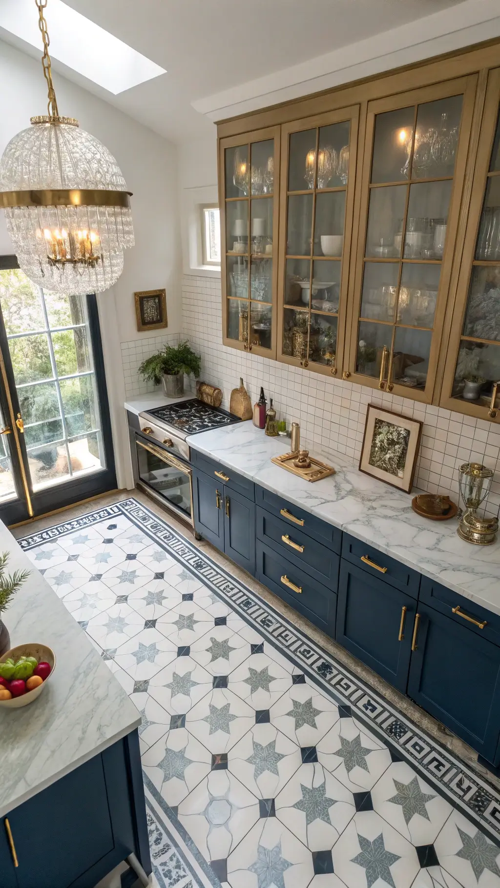 Overhead view of eclectic kitchen with midnight blue cabinets, brass-framed glass uppers, geometric encaustic tile flooring, veined marble countertops, and vintage crystal chandelier.