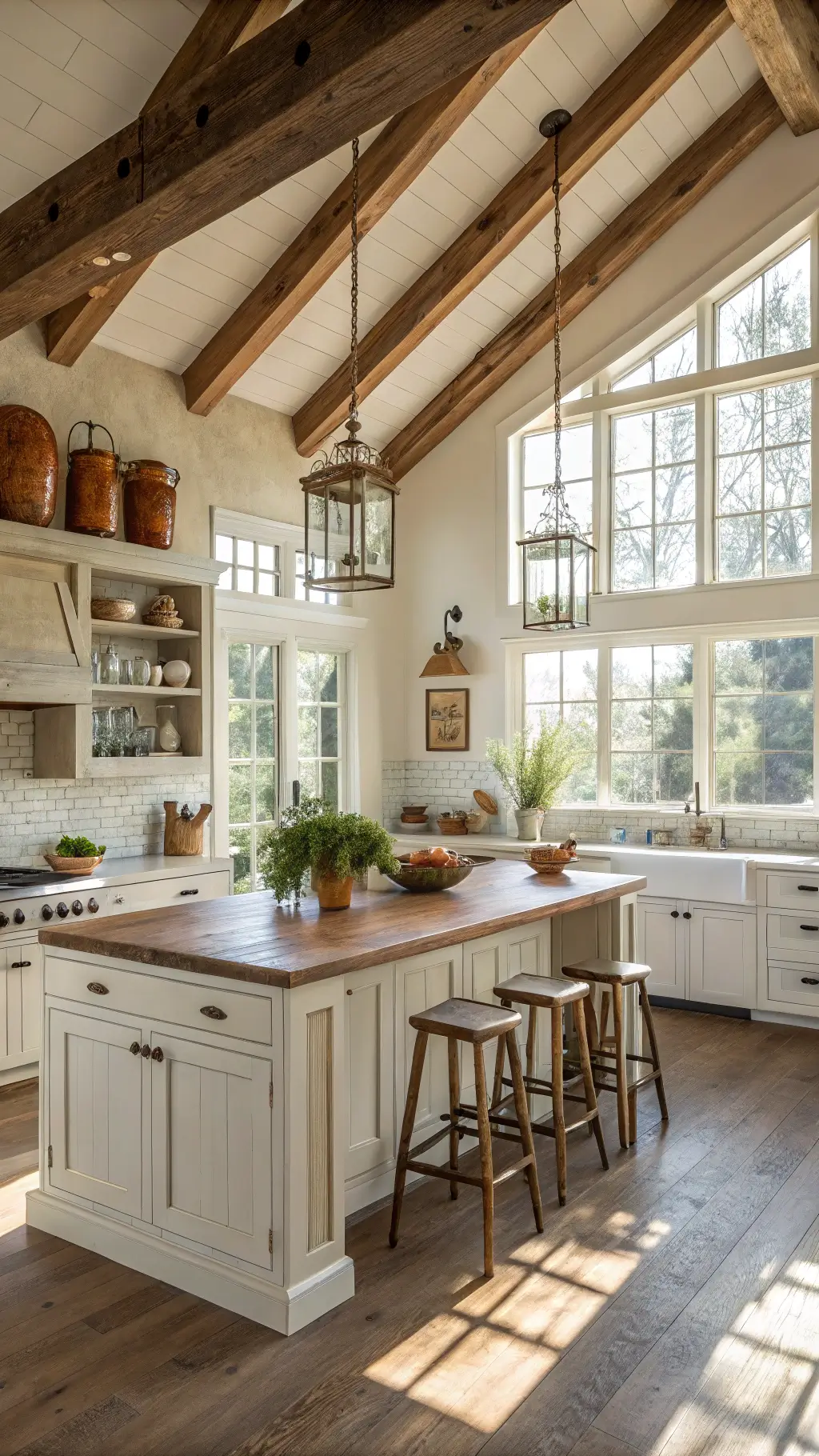 Sunlit farmhouse kitchen with white shaker cabinets, exposed wooden beams, and a weathered oak island surrounded by vintage stools, bathed in morning light from large windows.