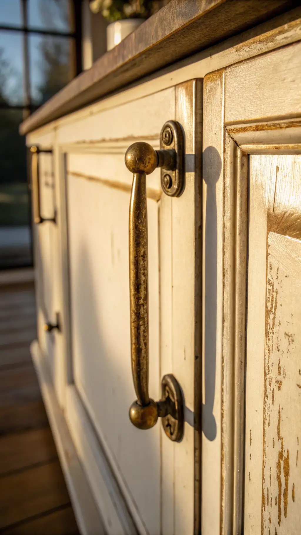 Extreme close-up of weathered brass cabinet pull on cream shaker door with dramatic shadows and vintage patina detail.