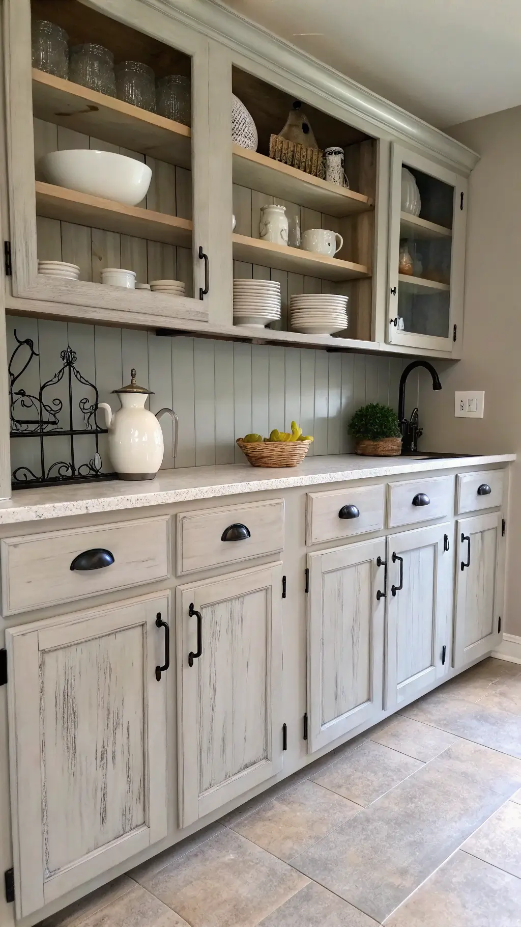 Chalk-painted dove gray kitchen cabinets with distressed finish, matte black hardware, open shelves with vintage decor, and farmhouse styling in natural light.