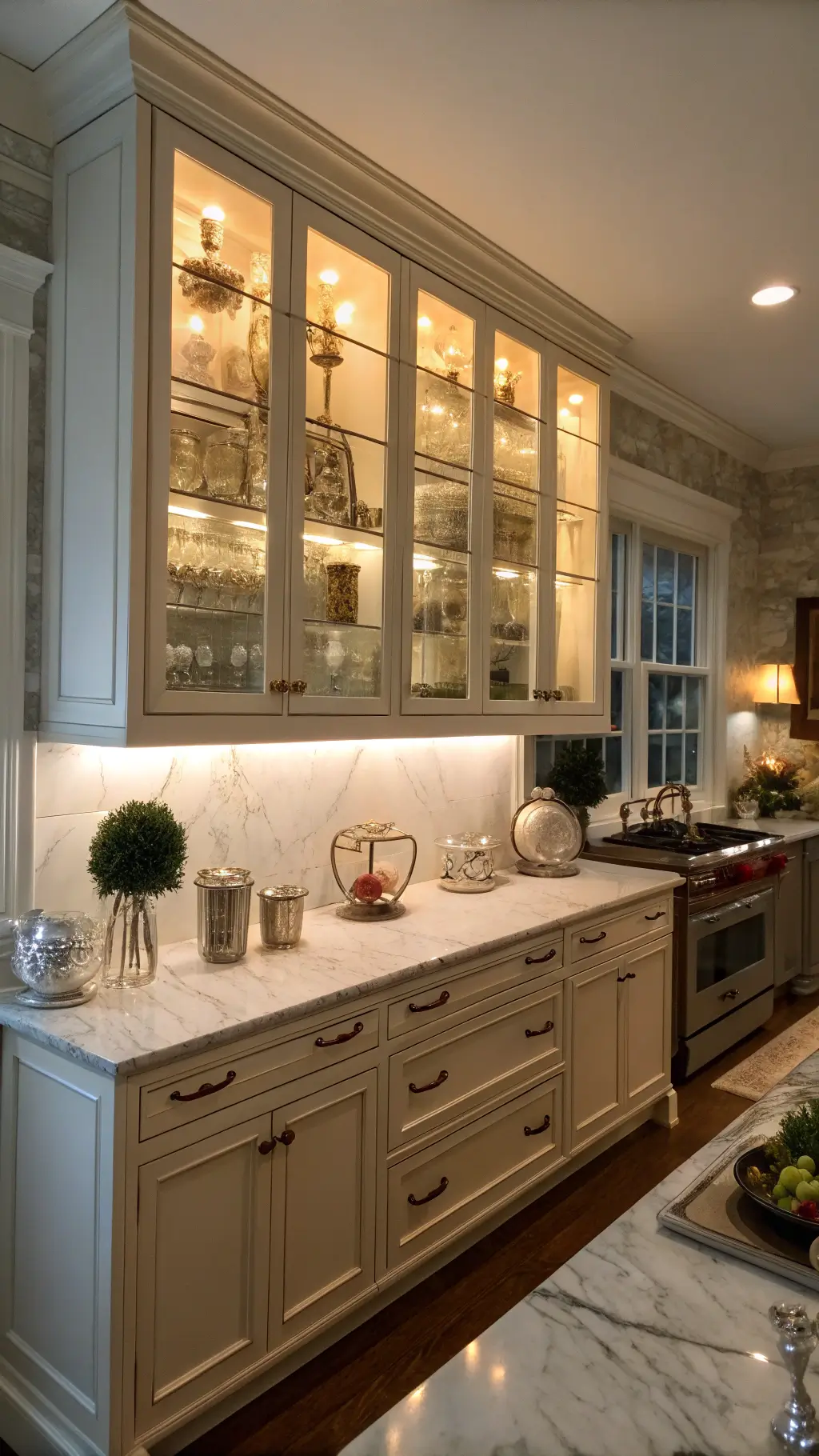 Cozy winter kitchen with cream cabinets, warm undercabinet lighting, mercury glass decor, and a dark walnut island.