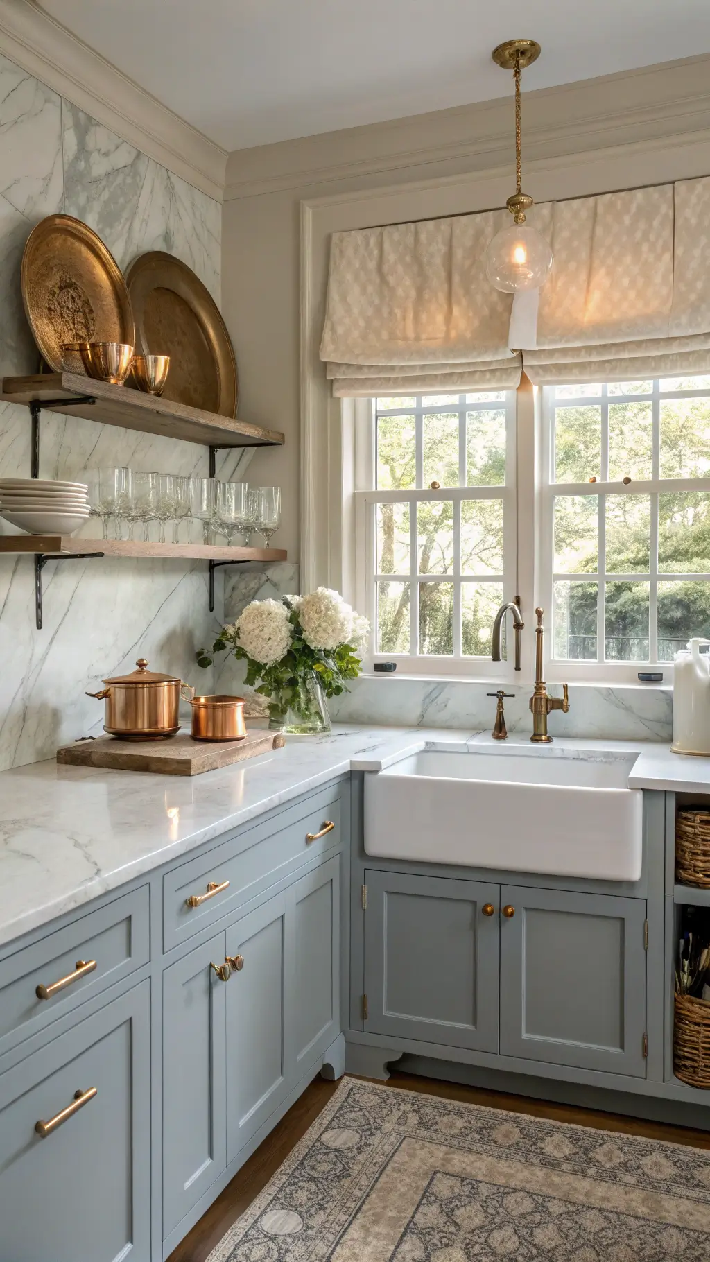 Transitional kitchen with dusty blue-gray cabinetry, marble backsplash, copper cookware, and white farmhouse sink illuminated by golden hour sunlight.