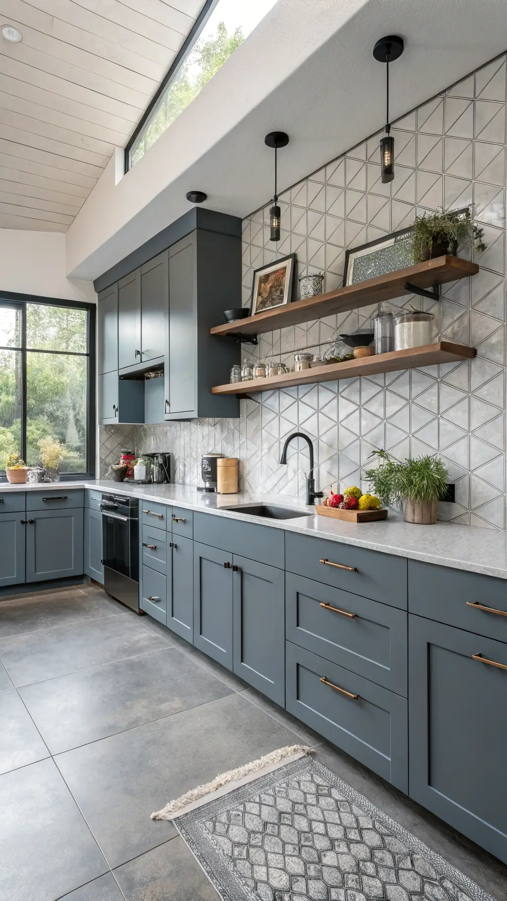 Contemporary L-shaped kitchen with steel blue-gray cabinets, concrete countertops, geometric tile backsplash, and matte black fixtures, viewed from above in diffused skylight.