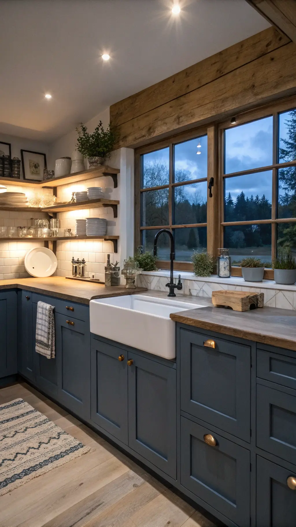Nordic-inspired kitchen with deep blue-gray cabinets, bleached oak shelves, soapstone countertops, and farmhouse sink, styled with minimalist décor at dusk.