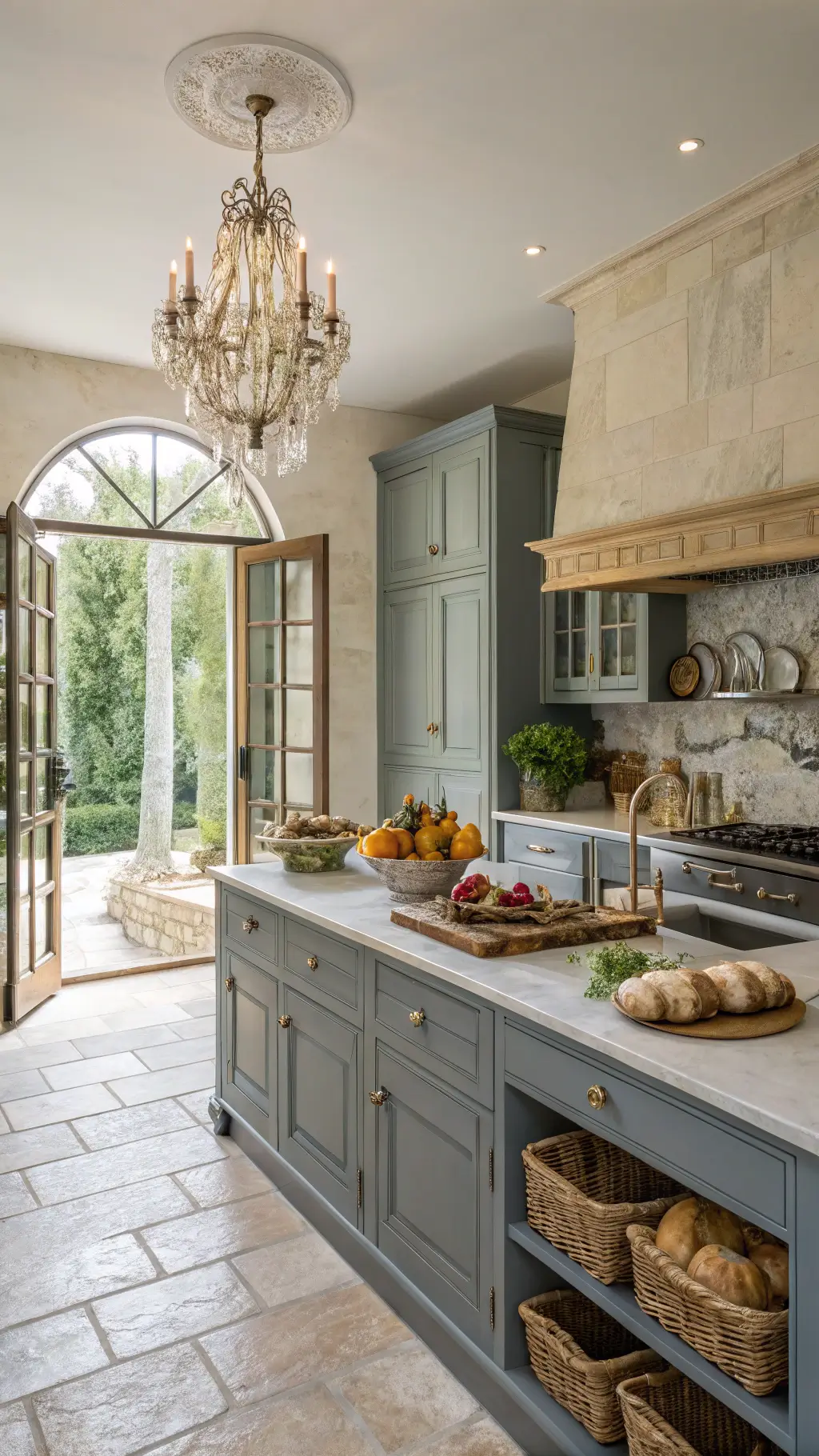 French provincial kitchen with slate blue-gray cabinets, limestone countertops, marble backsplash, crystal chandelier over large island, and copper pots hanging above; styled with market produce and vintage decor in soft morning light.