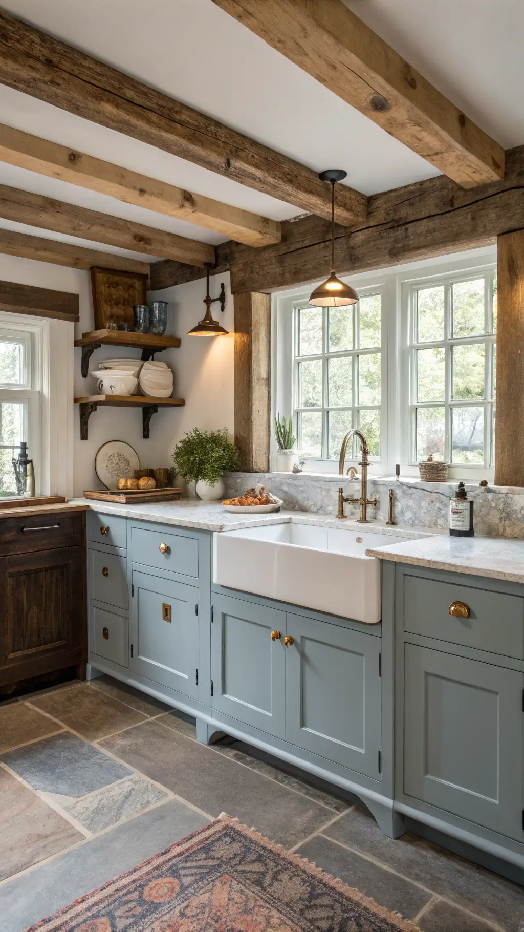Classic farmhouse kitchen with muted blue lower cabinets, white upper cabinetry, exposed wooden beams, porcelain sink beneath mullioned window, brass wall lights, soapstone countertops, and copper accents.