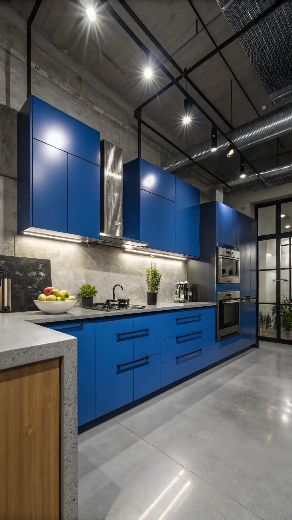 Modern city kitchen with vibrant electric blue glossy cabinets, concrete countertops, and stainless steel appliances, illuminated dramatically at night with minimalist industrial decor.