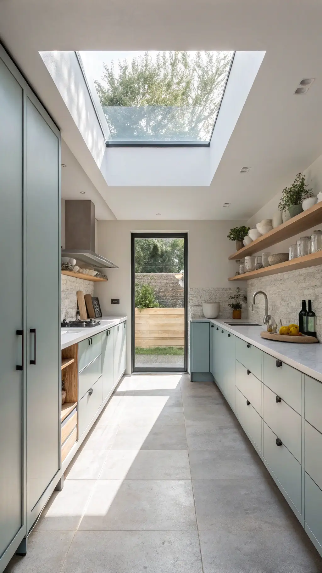 Minimalist Scandinavian kitchen with icy blue flat-panel cabinets, concrete countertops, white oak floating shelves, and skylight illuminating a serene, compact space.