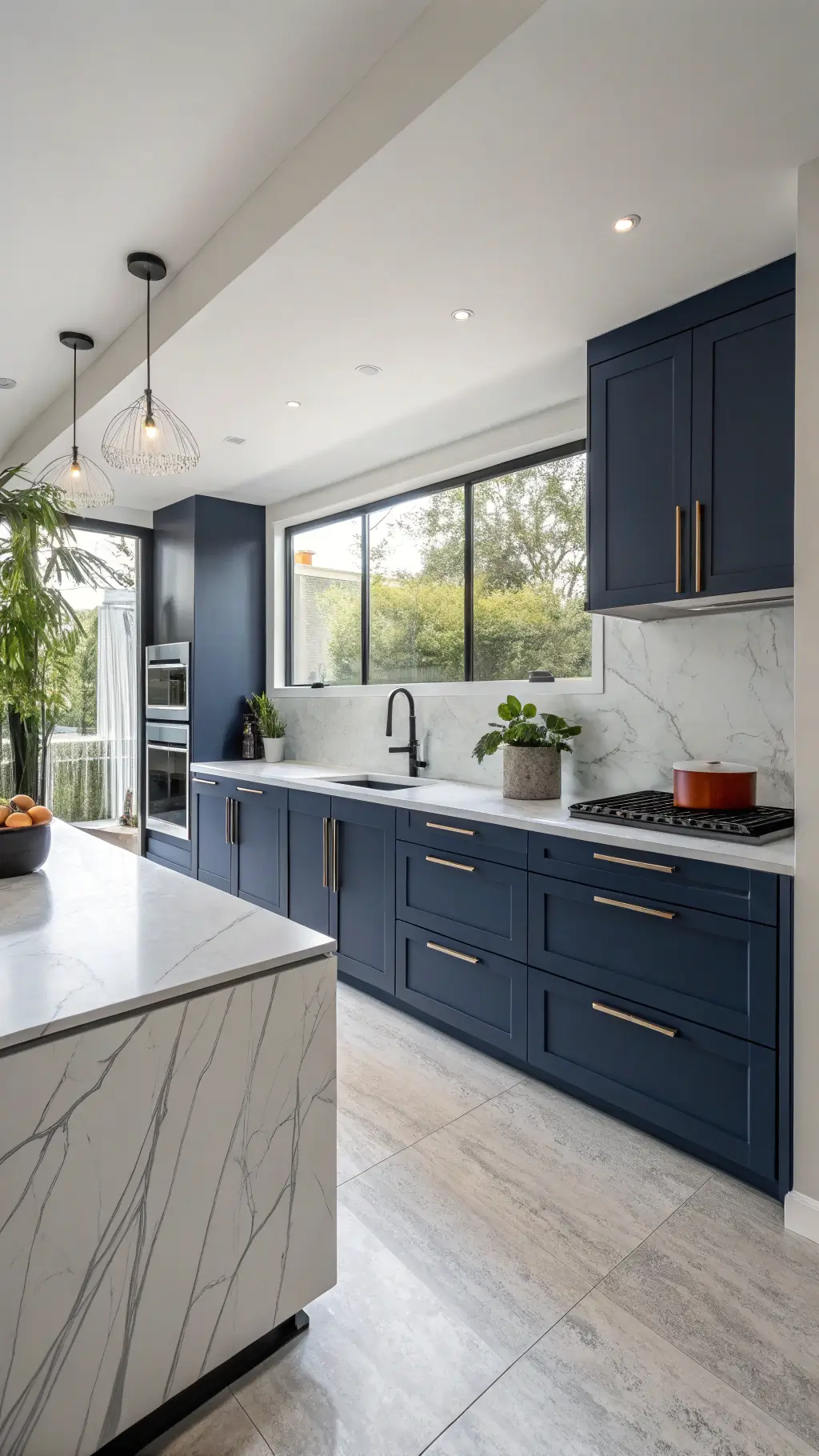 Modern minimalist navy blue kitchen with waterfall quartzite counters, integrated appliances, and natural light from floor-to-ceiling windows.