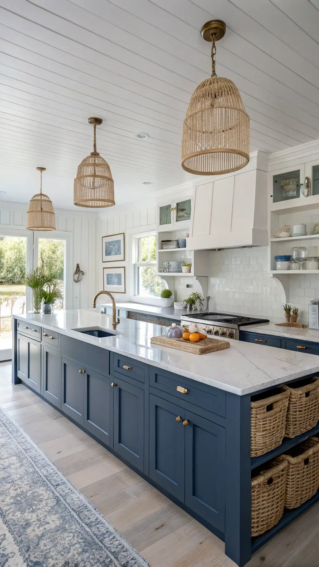 Coastal kitchen with navy cabinets, white shiplap walls, soapstone counters, brass hardware, and blue-and-white chinoiserie on oak shelves.