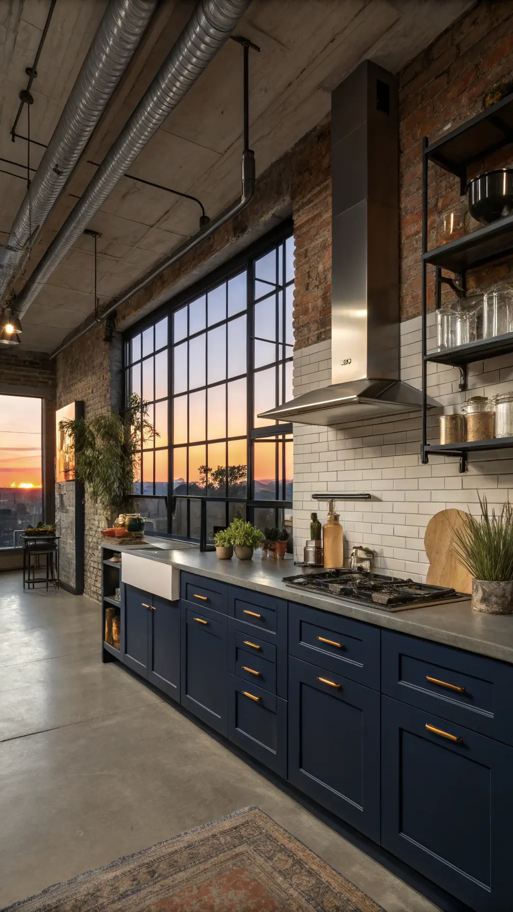 Industrial loft kitchen at sunset with navy cabinets, concrete countertops, exposed brick, and factory windows.