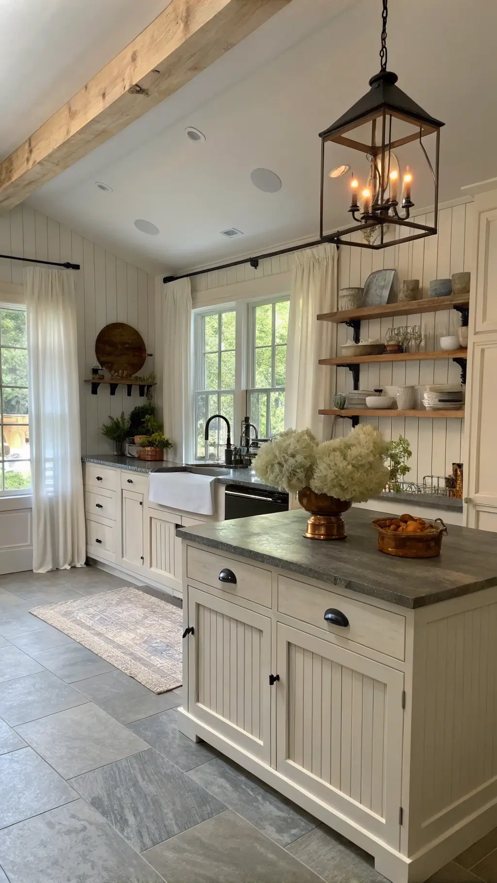 Modern farmhouse kitchen at dawn with cream beadboard cabinets, soapstone countertops, antique copper details, and a reclaimed wood island adorned with fresh hydrangeas.