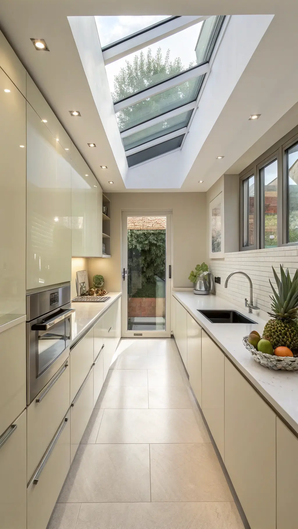 Compact galley kitchen with glossy cream cabinets, white quartz countertops, skylight illumination, and minimalist decor featuring chrome and glass accents.