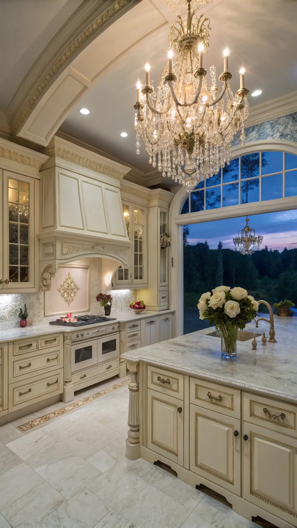 Sophisticated traditional kitchen with cream raised-panel cabinets, glowing crystal chandelier, Calcutta gold marble backsplash, and blue-and-white chinoiserie accents at dusk.