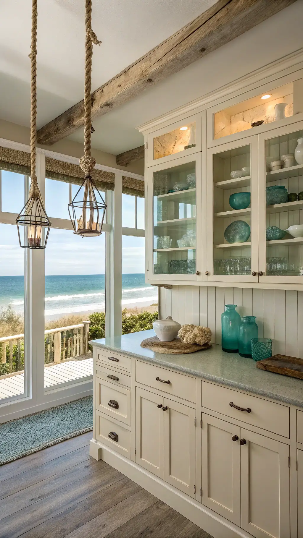 Coastal kitchen with cream flat-panel cabinets, ocean-facing windows, glass-front upper cabinets displaying blue-green glassware, rope pendant lighting, and driftwood accents bathed in morning light.