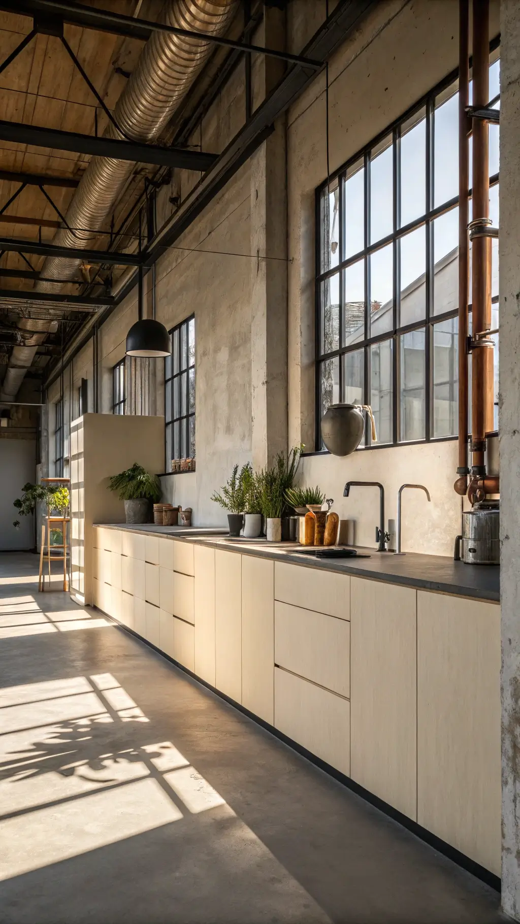 Industrial-modern kitchen featuring cream slab cabinets, concrete countertops, black steel accents, and exposed copper piping illuminated by filtered daylight through factory windows.