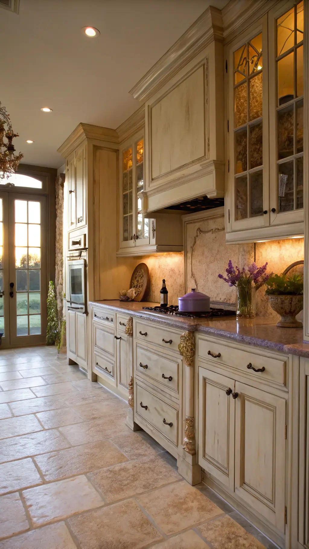French country kitchen with distressed cream cabinets, limestone flooring, vintage copper accents, and fresh lavender illuminated by morning golden hour light.