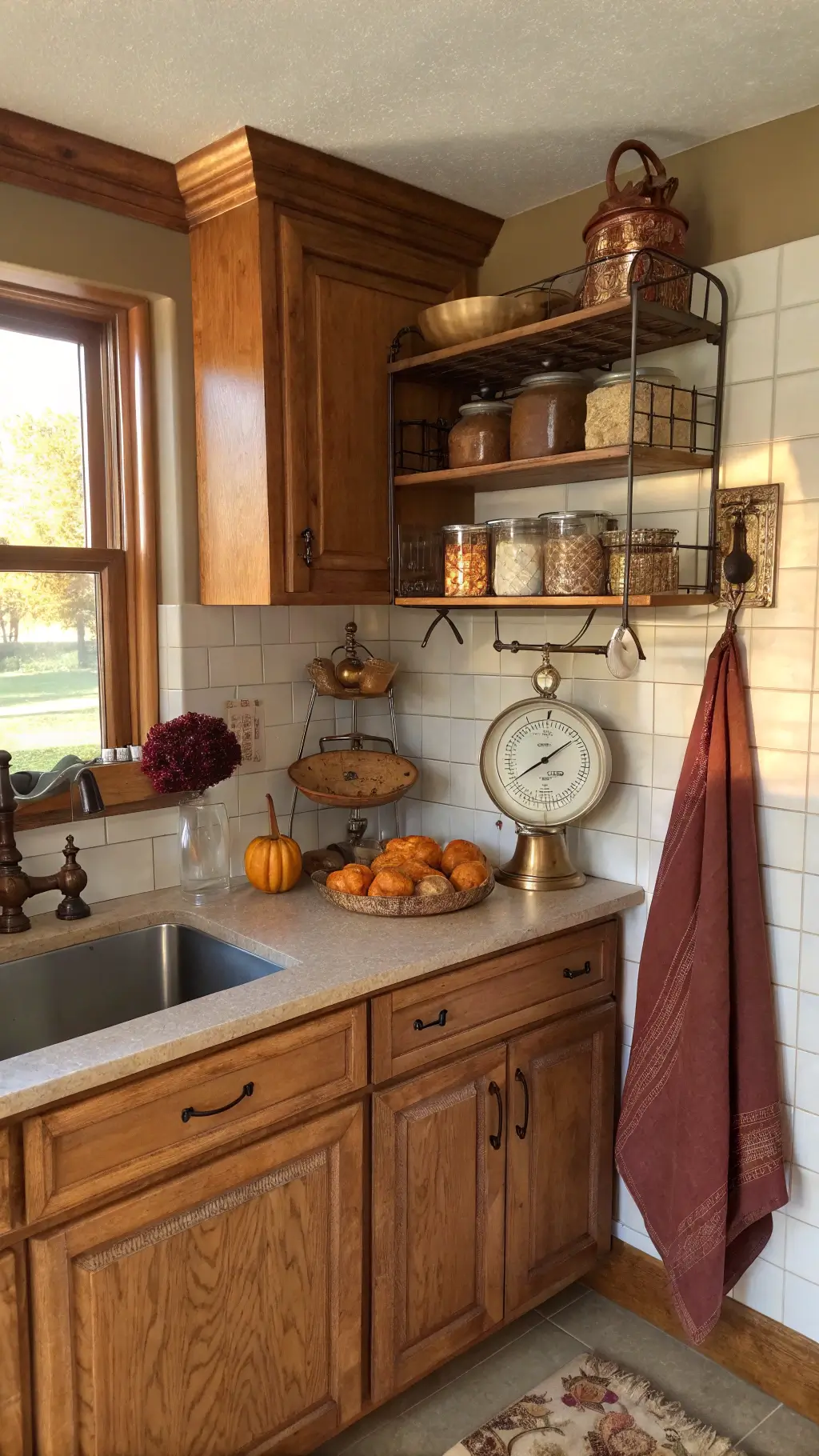 Inviting autumn kitchen nook with honey oak cabinetry, antique brass scale displaying seasonal gourds, copper pots, and warm-toned fall decorations illuminated by natural light.