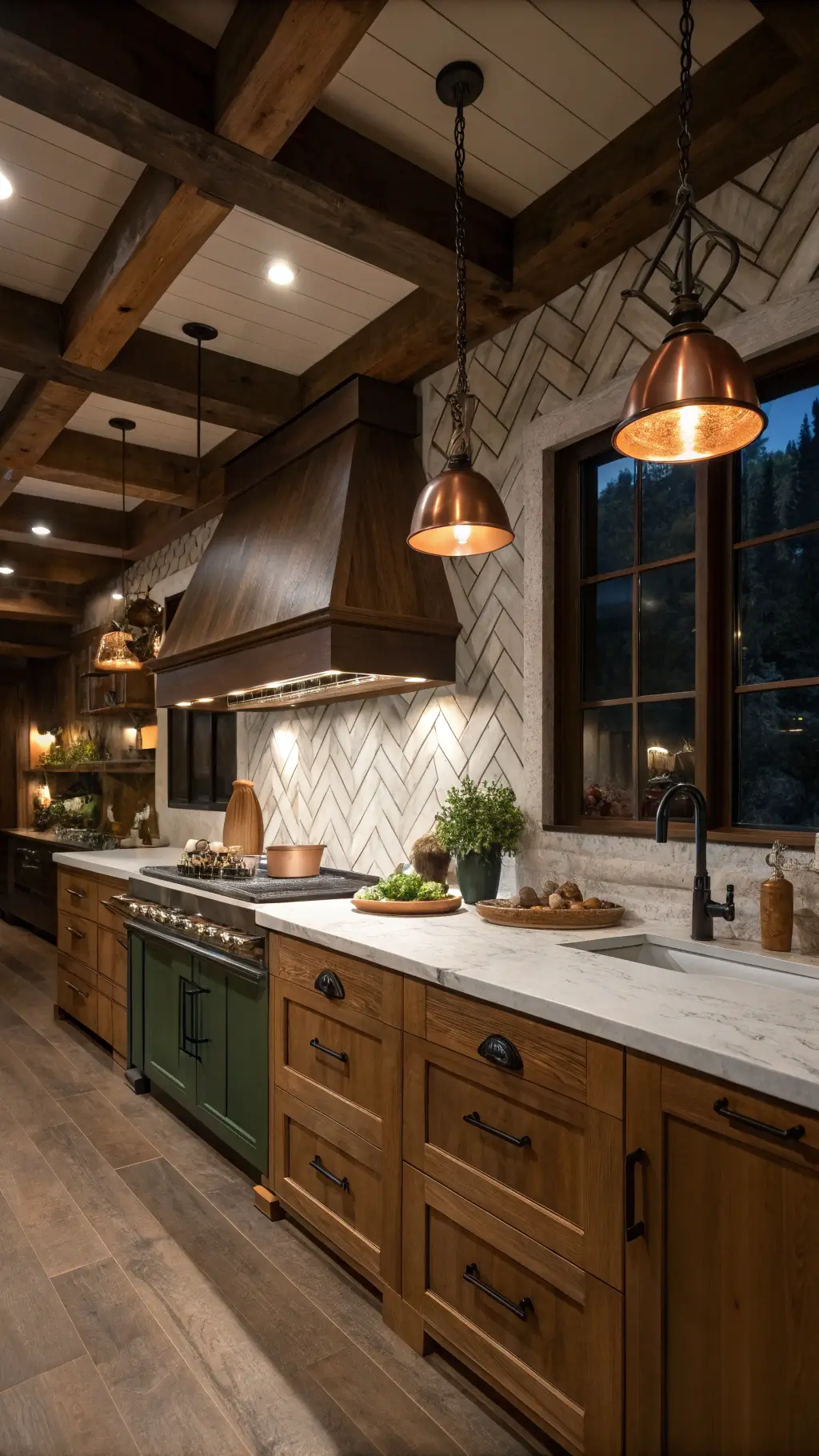 Atmospheric kitchen corner featuring honey oak cabinets, pendant lighting, exposed beams, marble herringbone backsplash, copper cookware, and dark green pottery with fresh herbs.