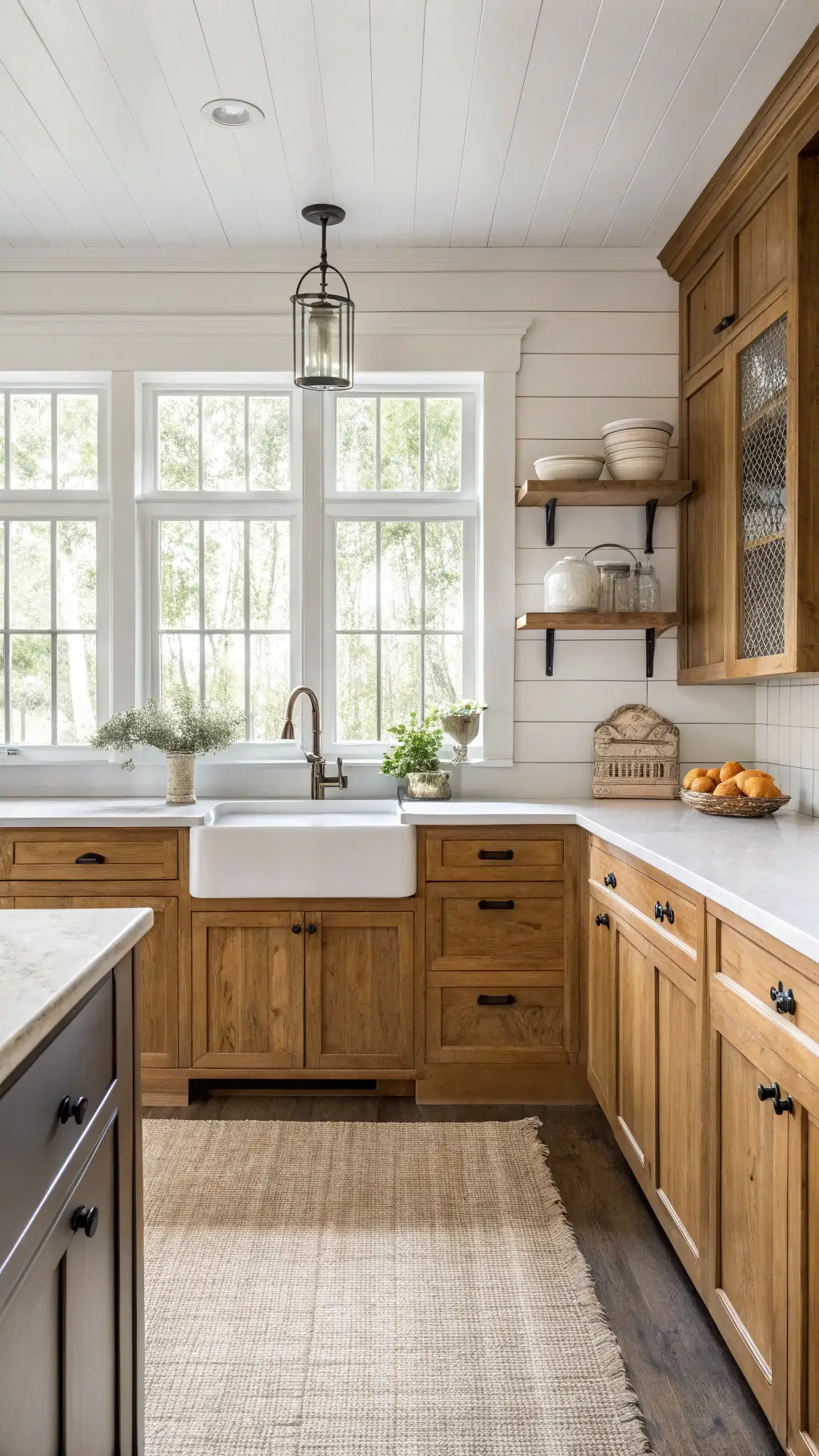 Modern farmhouse kitchen with honey oak cabinetry, shiplap accent wall, white farmhouse sink beneath Georgian window, open shelves with white ironstone, vintage bread box and scale, and natural fiber rug.