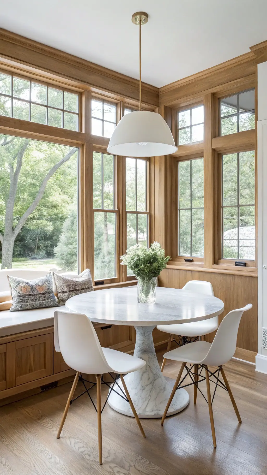 Minimalist breakfast nook with honey oak built-in cabinets, round marble table, transparent ghost chairs, and floor-to-ceiling windows flooding the space with daylight.