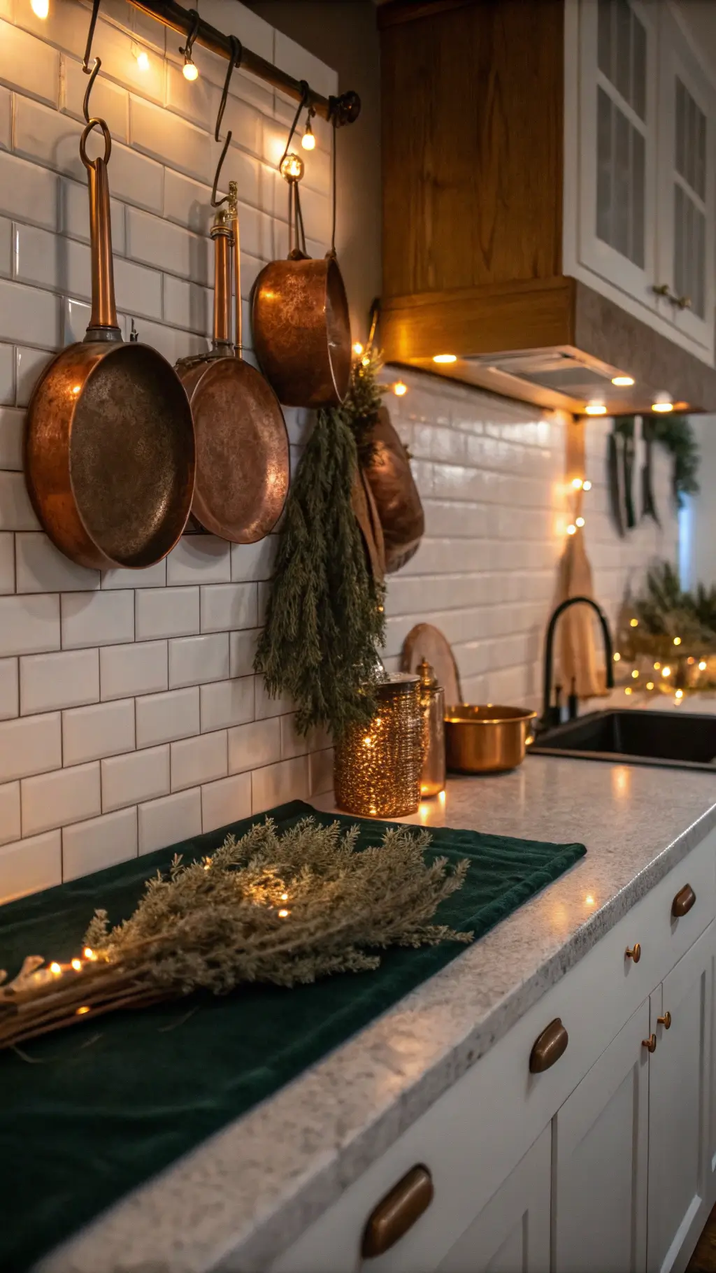 Close-up of honey oak kitchen cabinet adorned with vintage copper pans, green velvet runner, mercury glass votives, and dried herb bundles bathed in warm evening light.