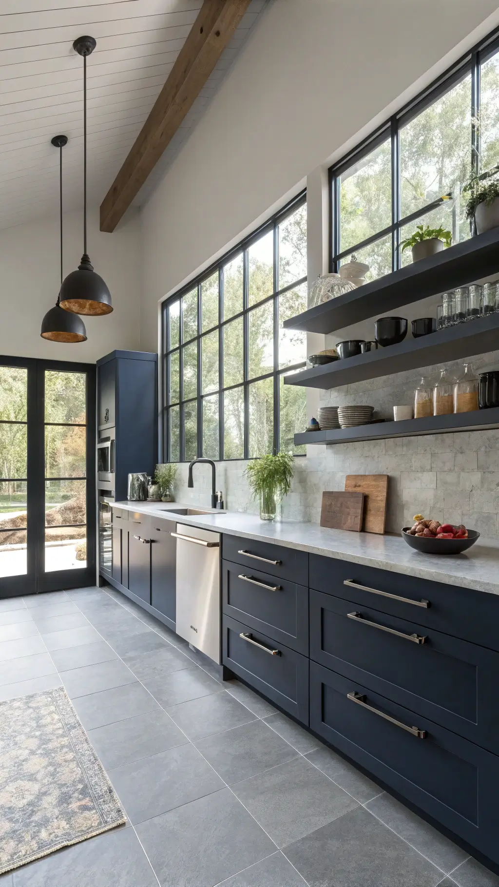 Contemporary minimalist kitchen with navy cabinets, concrete countertops, and matte black appliances, featuring industrial windows, geometric pendant lights, and floating steel shelves with monochromatic ceramics.
