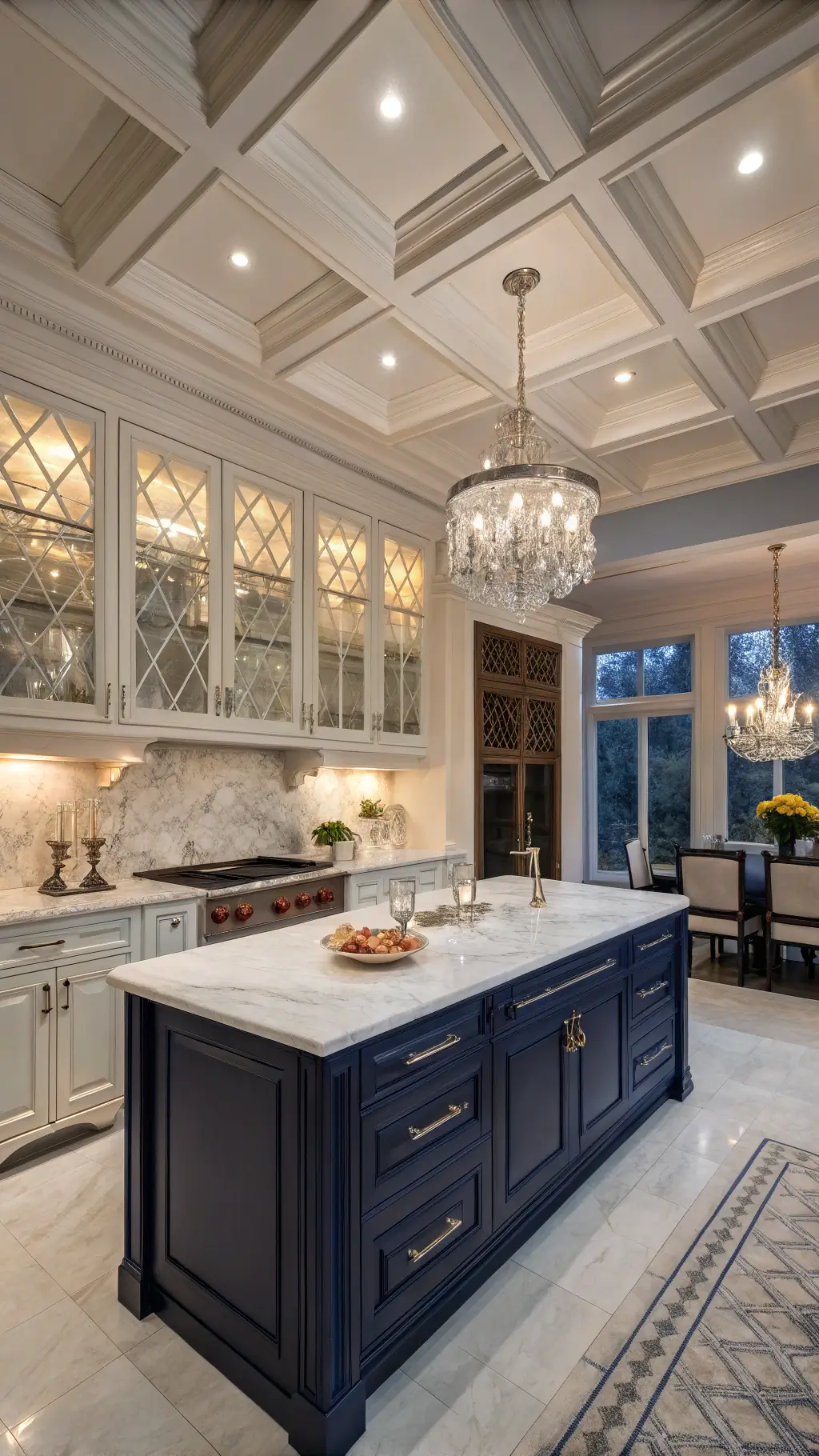Elegant traditional kitchen with navy cabinets, white marble countertops, coffered ceiling, crystal chandelier, ornate backsplash, and warm mood lighting.
