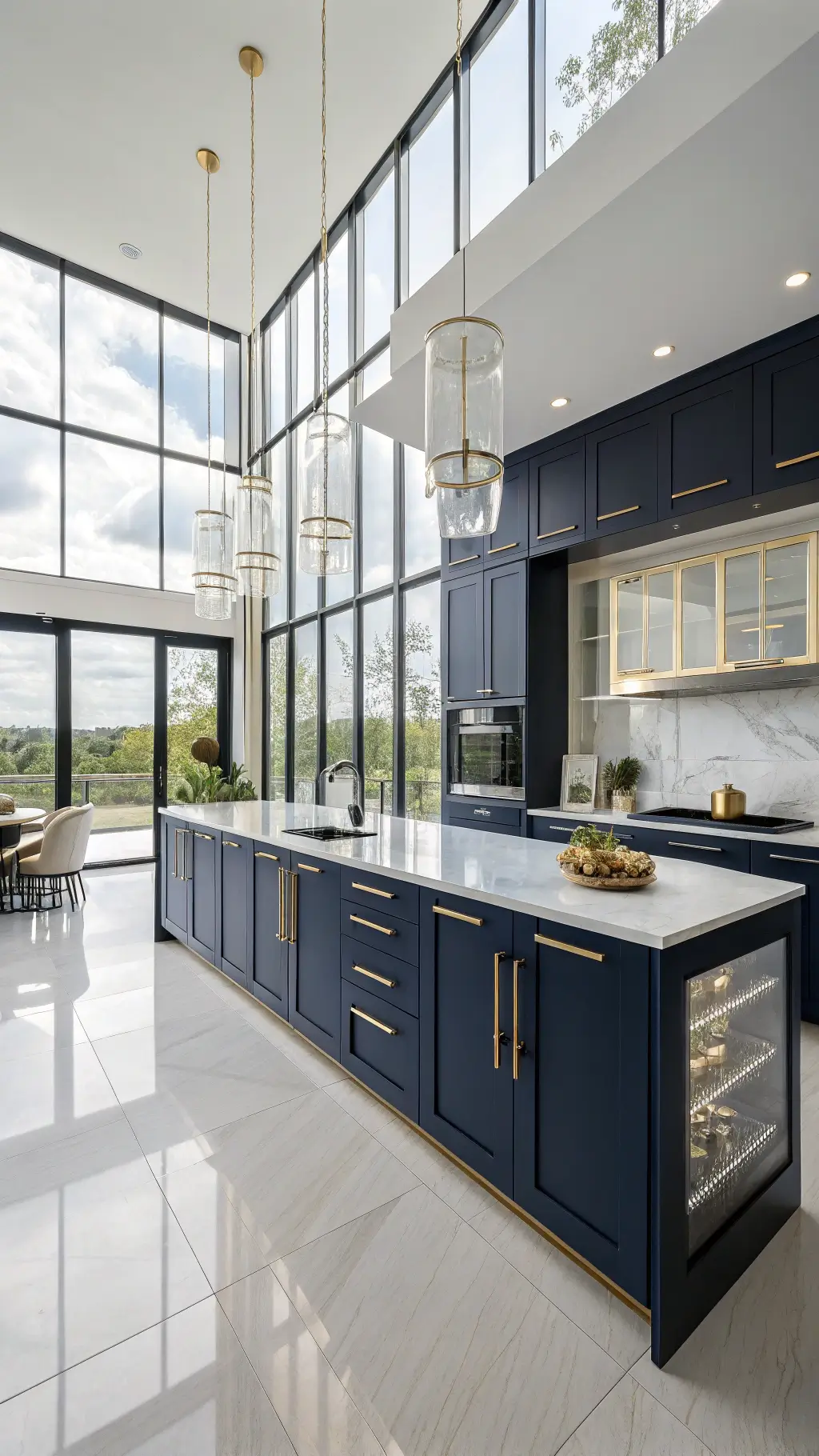 Modern luxury kitchen with navy high-gloss cabinets, gold accents, white quartzite waterfall island, floor-to-ceiling windows at golden hour, amber glass pendants, brass mirror backsplash, and white oak herringbone floors.