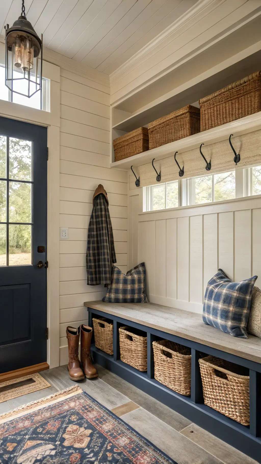 Cozy farmhouse mudroom with cream shiplap walls, navy built-ins, brass hooks, and woven baskets under a bench with buffalo check cushions, bathed in soft dawn light.