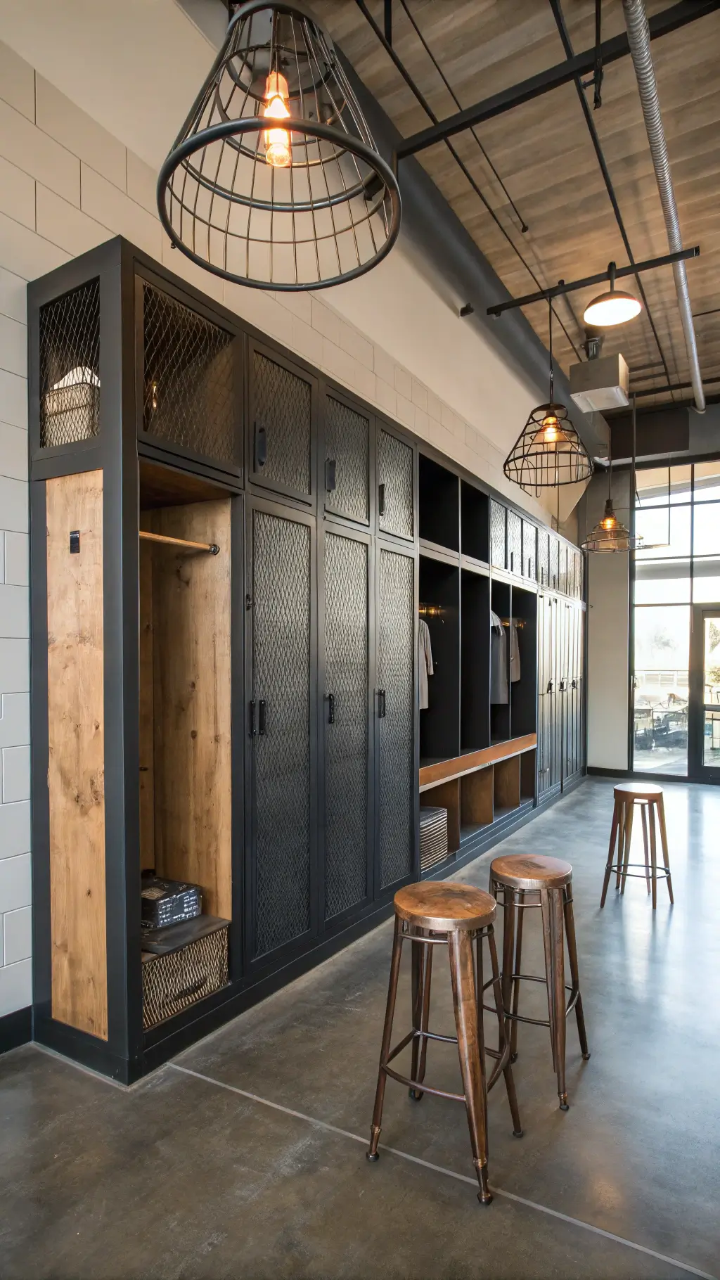 Industrial chic mudroom with blackened steel lockers, reclaimed wood shelves, concrete floor, copper hooks, and vintage factory stools in late afternoon light.