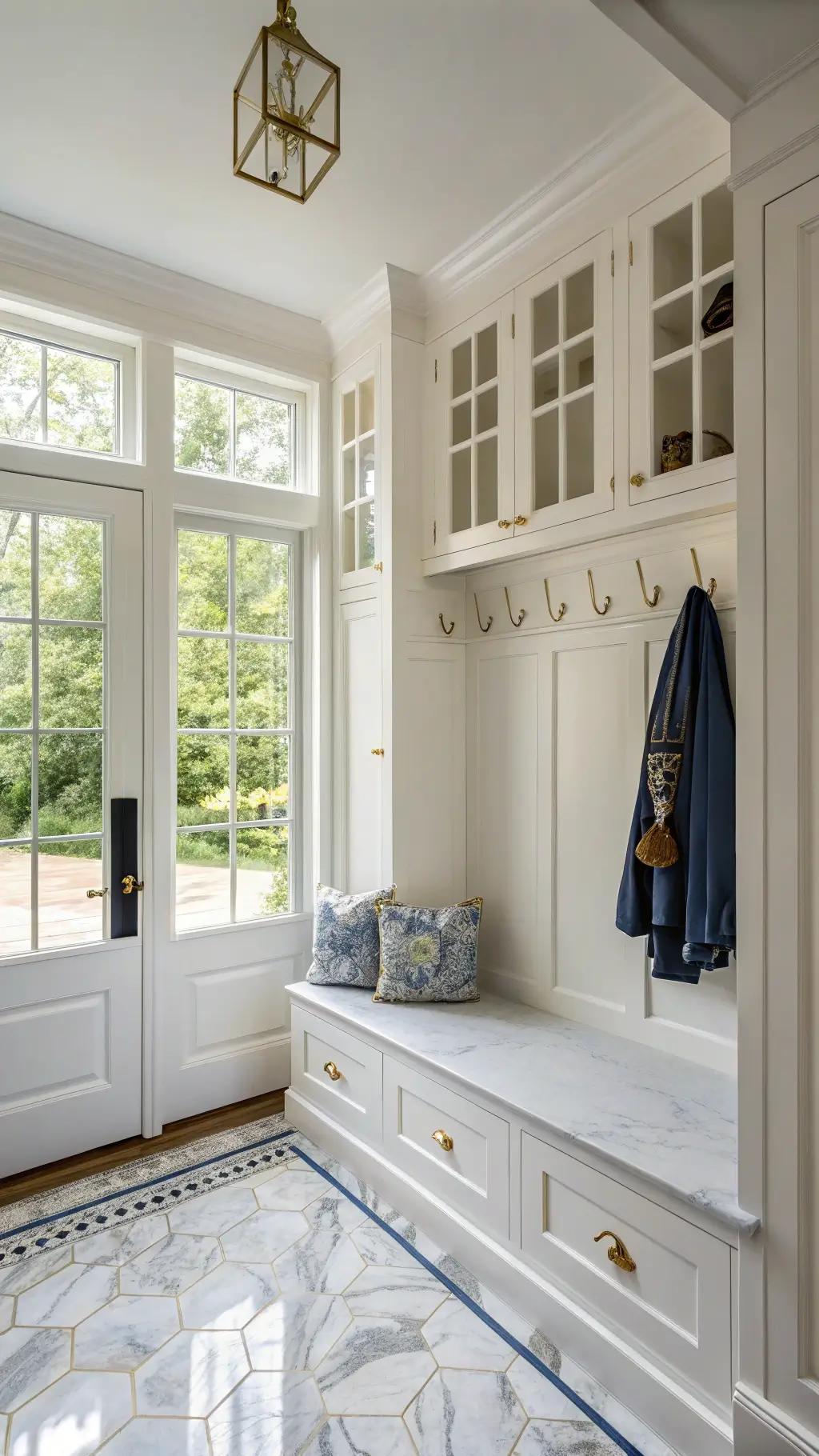 Classic white mudroom with built-in window seat, Carrara marble floors, brass accents, and chinoiserie décor.