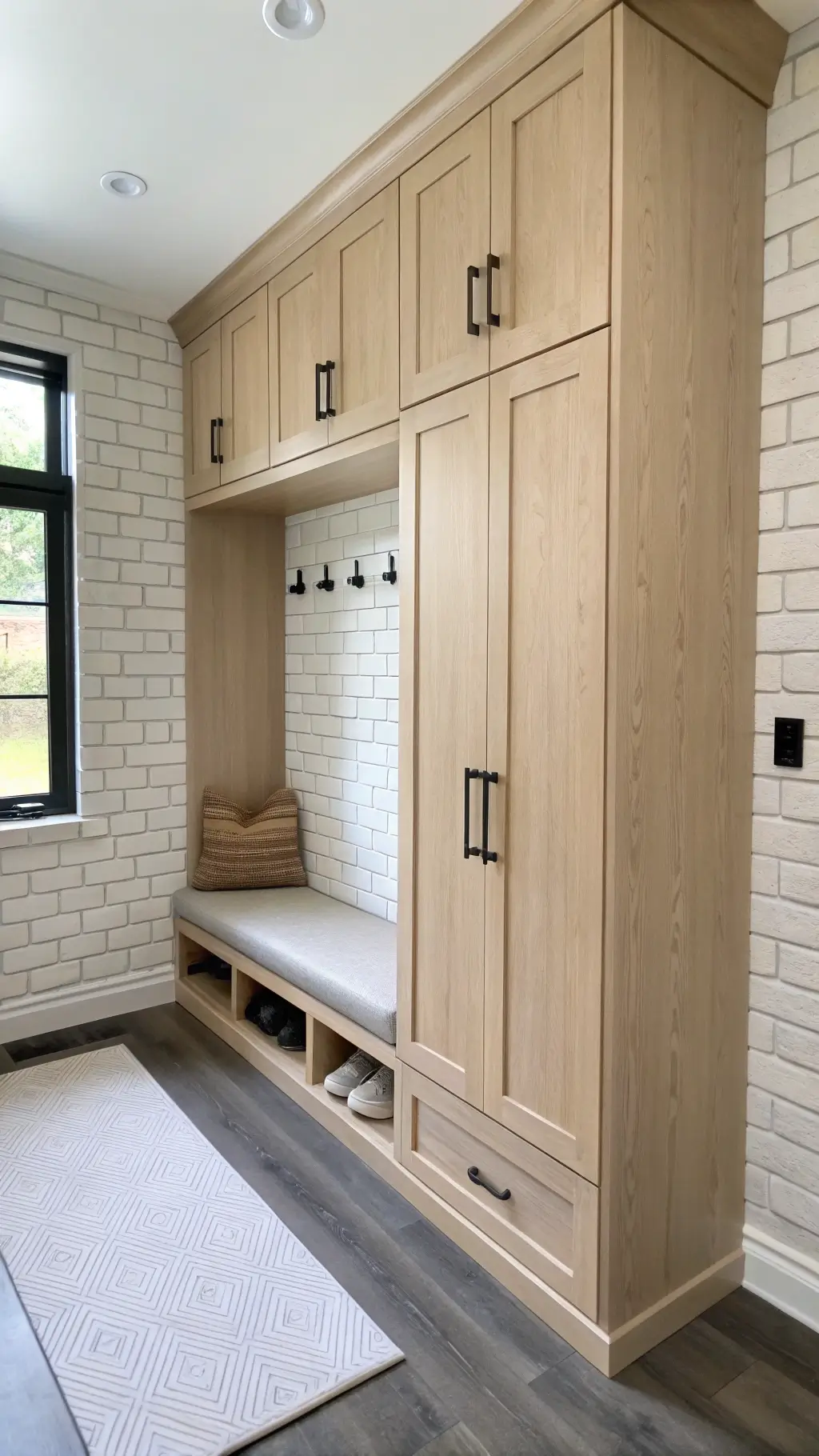 Scandinavian-style mudroom with pale ash wood cabinets, white brick walls, black hooks, and a leather bench on natural fiber runner.