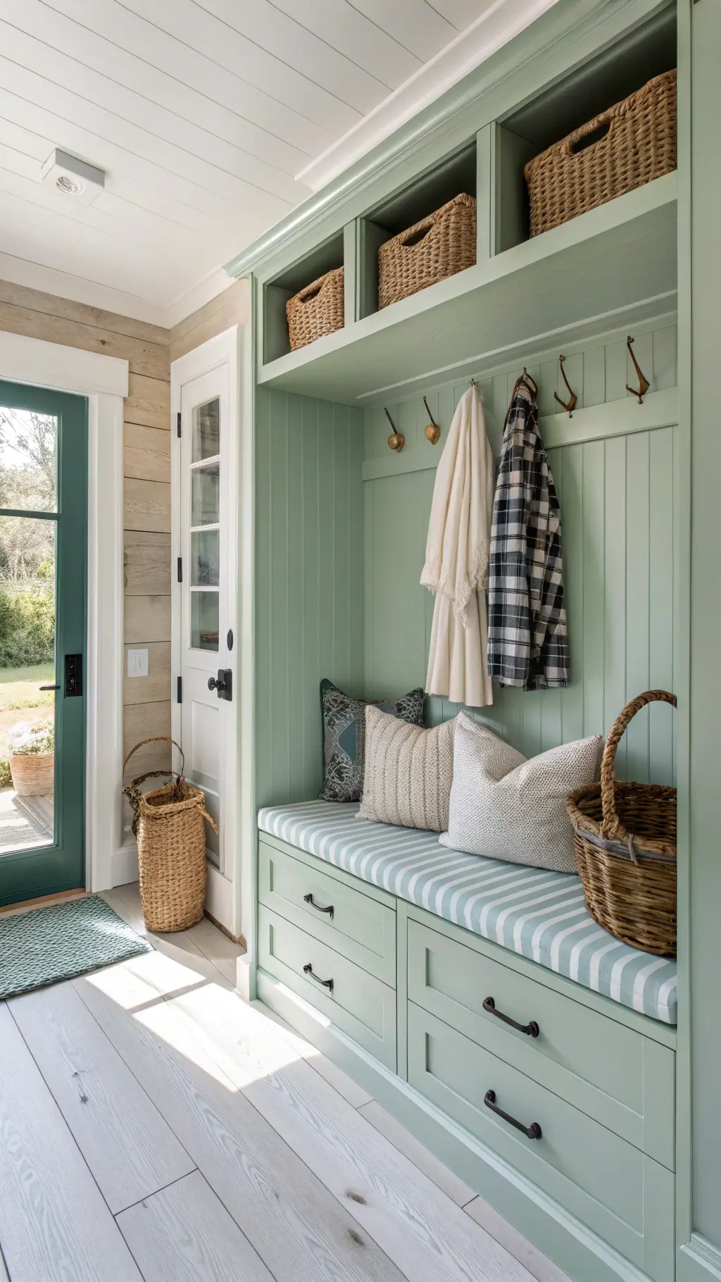 Breezy 7x10ft coastal mudroom with seafoam green beadboard lockers, whitewashed oak floors, striped cushion bench, rope drawer handles, and nautical accents.