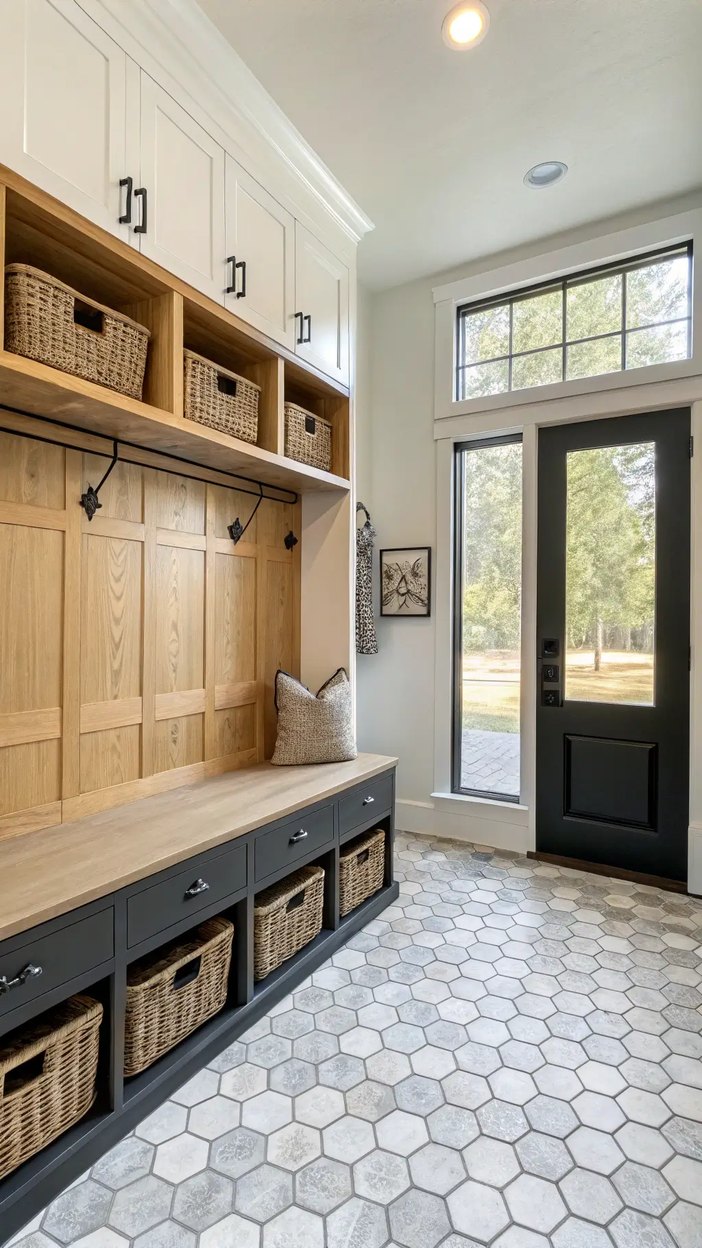 Modern farmhouse mudroom with black and white oak cabinets, patterned hex tile floor, bench seat, and black steel accents in warm afternoon light.