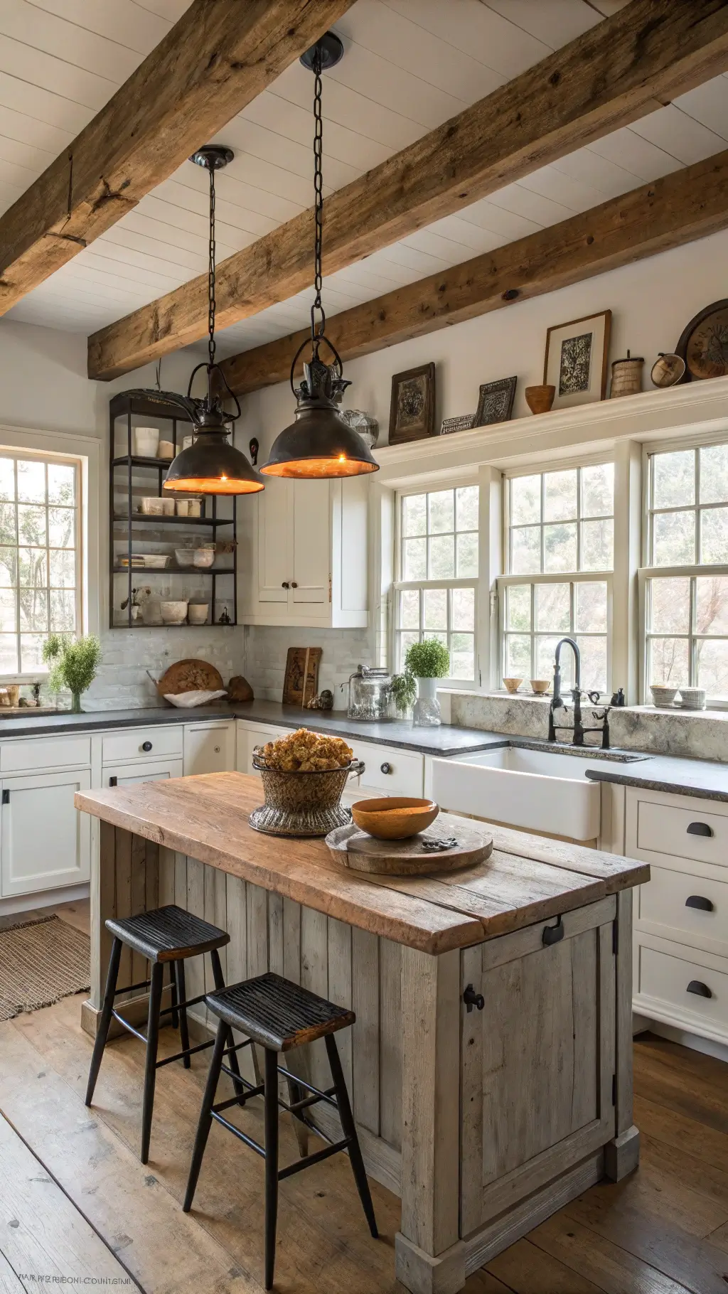 Rustic farmhouse kitchen with exposed wooden beams, white distressed cabinets, raw wood open shelves, butcher block island, and vintage decor in morning light.