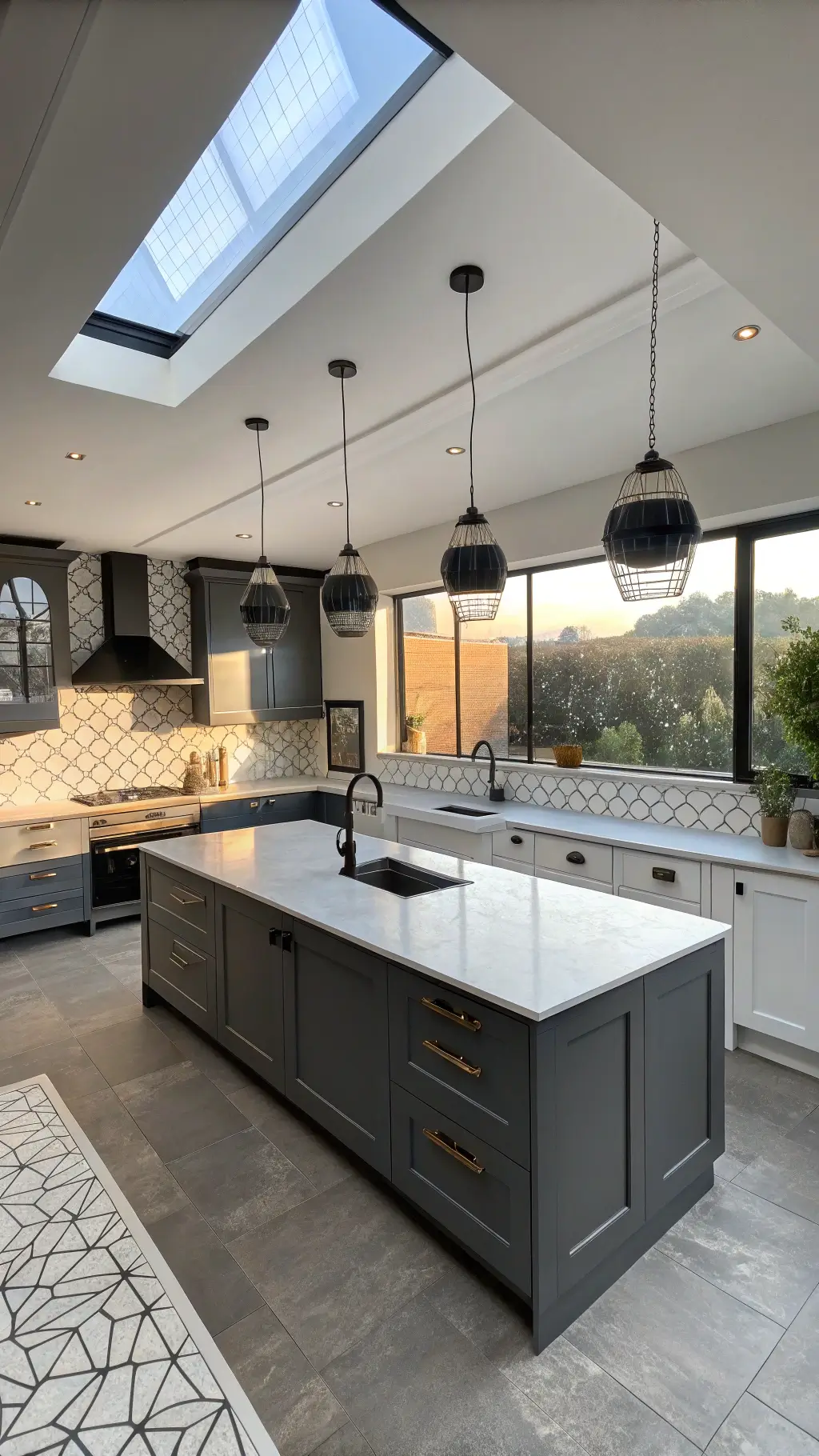 Contemporary two-tone kitchen with charcoal gray and matte white cabinets, concrete countertops, geometric tile backsplash, and bronze fixtures, viewed from above at dusk with dramatic lighting.