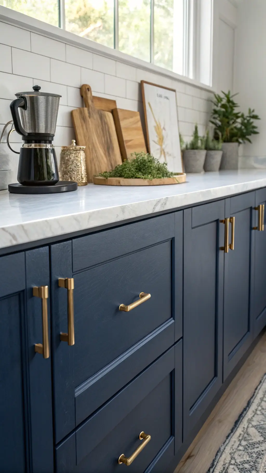 Close-up of navy blue kitchen cabinets with brass handles, styled with coffee maker, wooden boards, and potted herbs on marble backsplash.