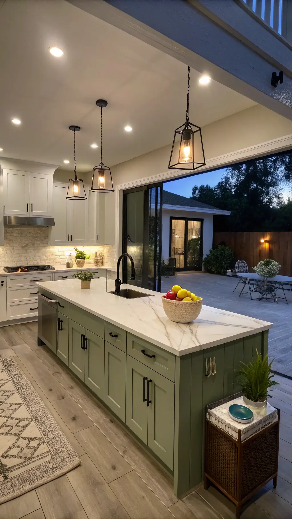 L-shaped kitchen featuring sage green lower cabinets, warm white uppers, marble island, pendant lighting, and matte black hardware.
