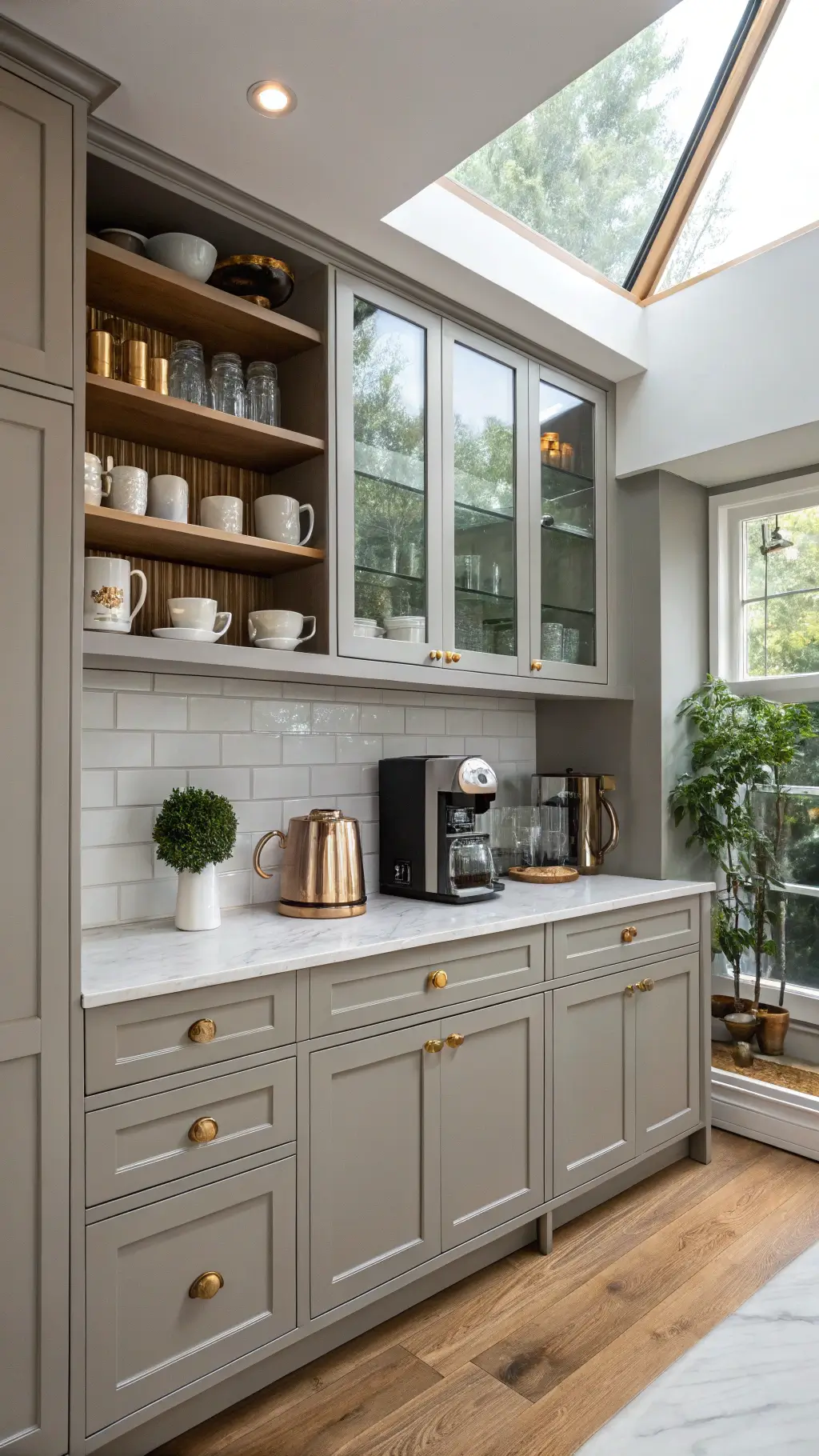 Modern kitchen nook with gray cabinetry, built-in coffee station, white ceramics, and metallic accents bathed in morning light.