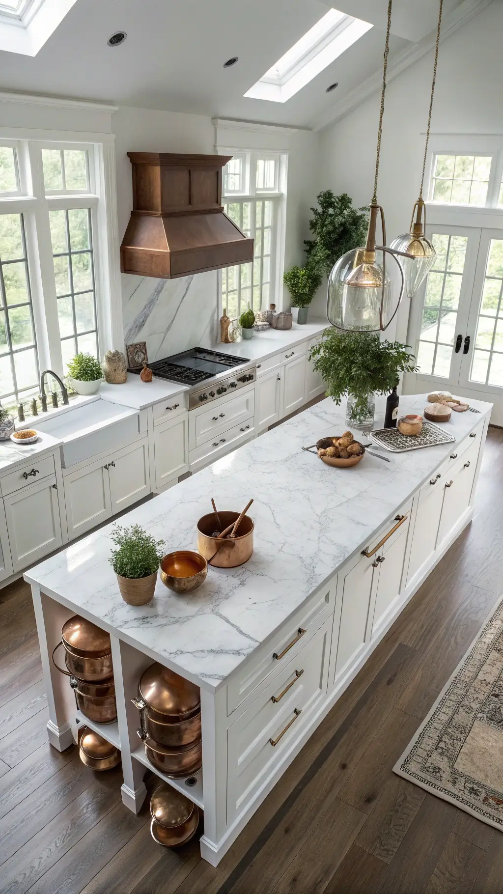 Minimalist kitchen island with dark oak base and marble countertop, styled with copper cookware and fresh herbs in terracotta pots under natural light.